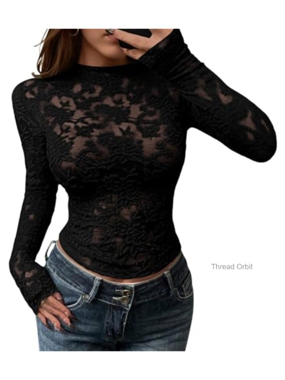 Mesh Long Sleeve Top Sheer Floral Lace Crew Neck Slim Fit - Picture 1 of 6